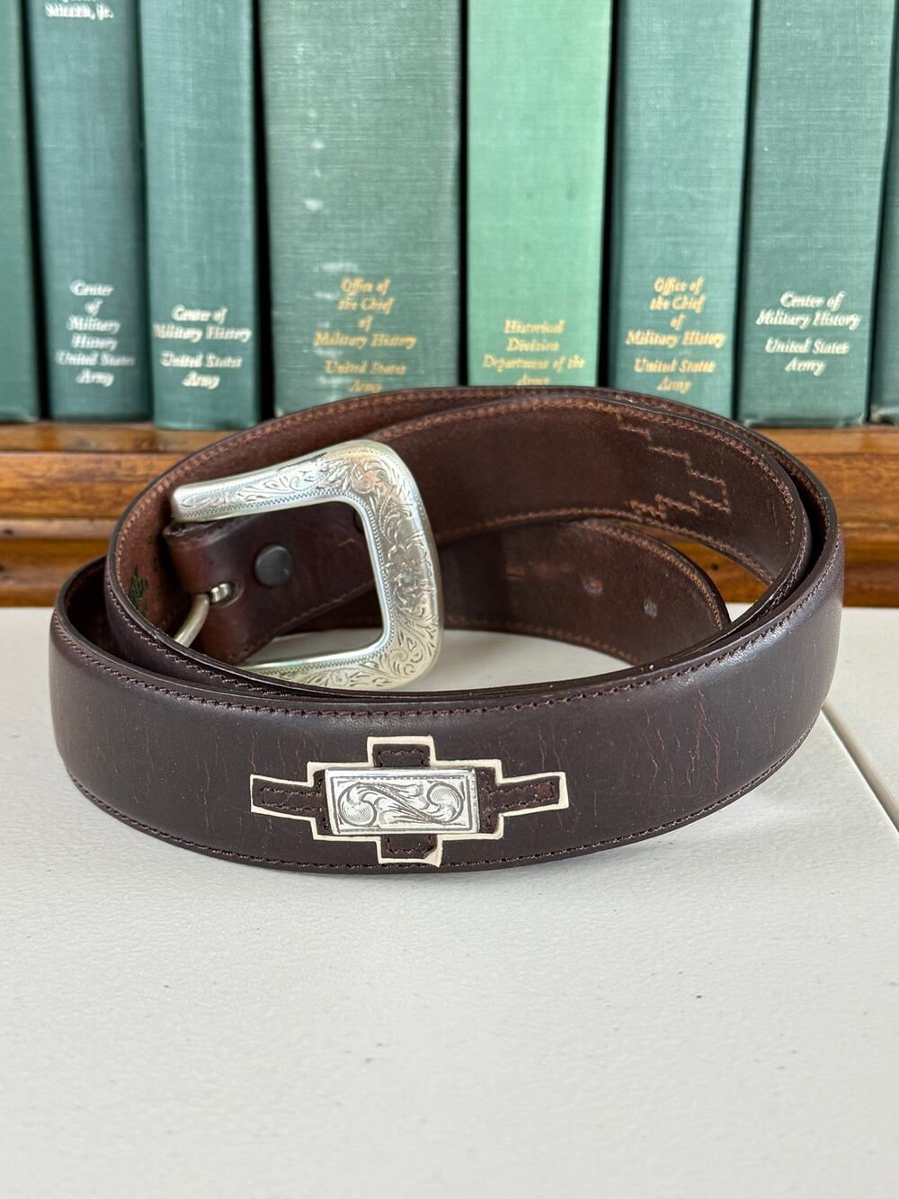 Resistol Men's Brown Full Grain Leather 42 Belt Southwestern Silver Inlay Cowboy